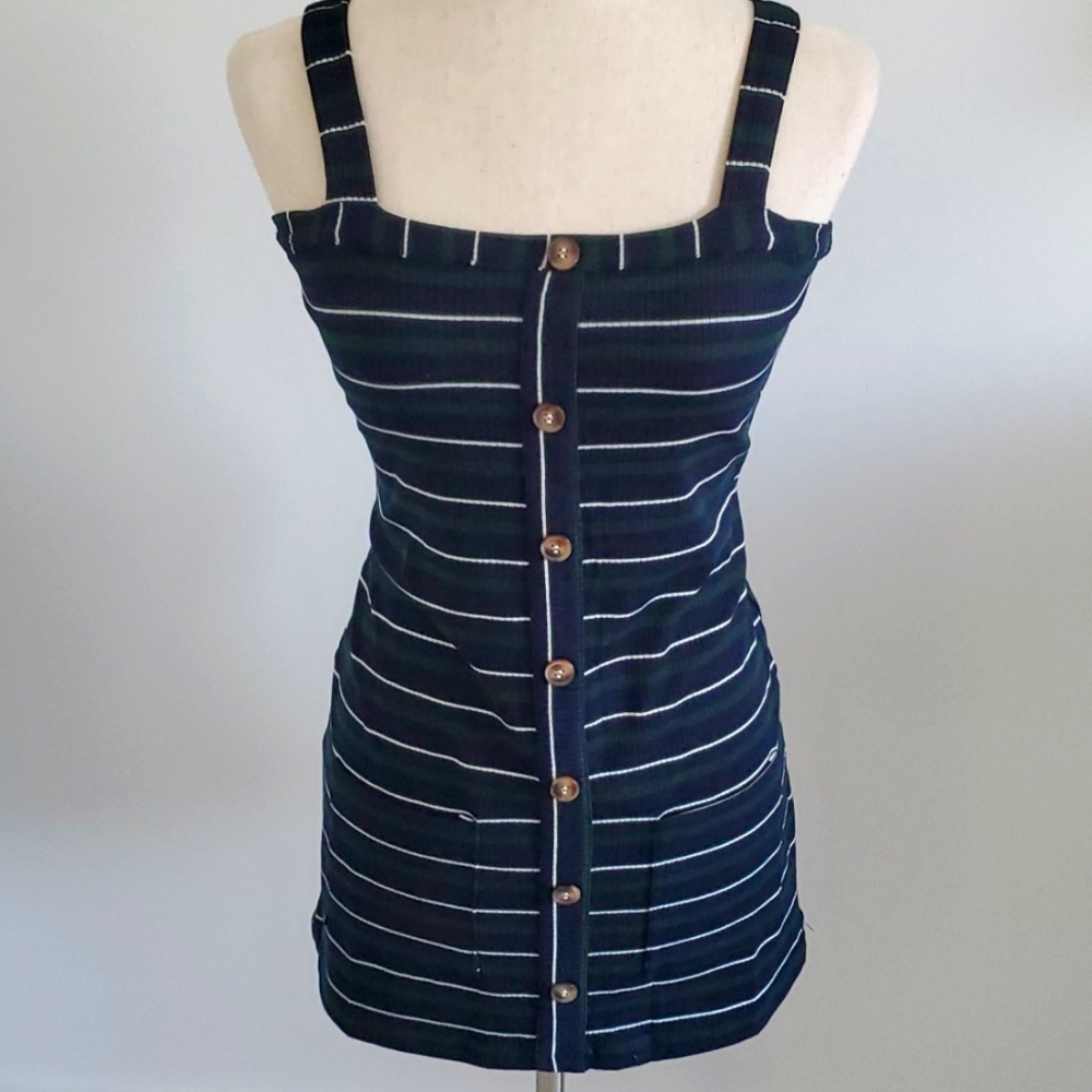 Olivaceous Navy & green striped mini dress with pockets size large new with tags